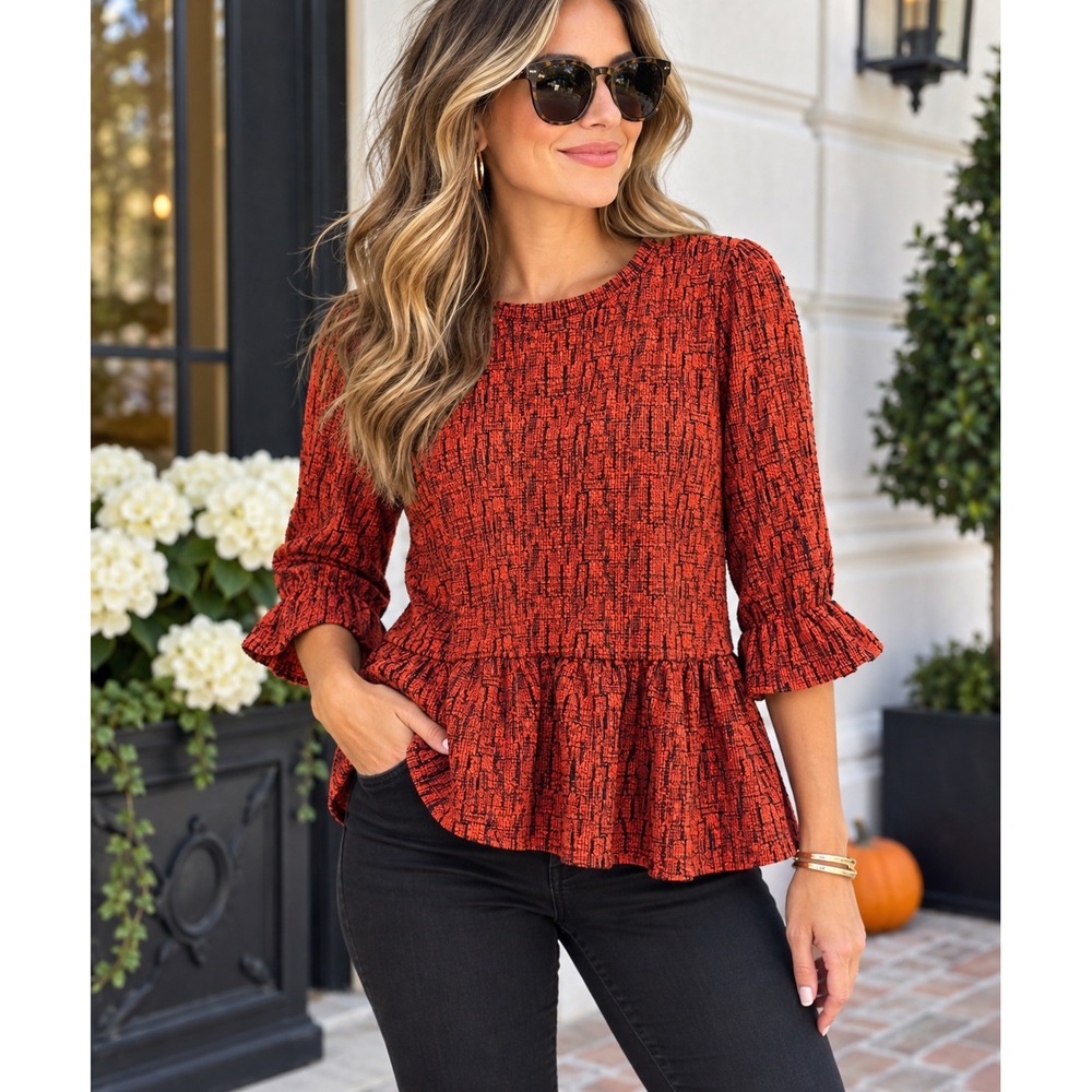 RO&DE Peplum Top Women Large Rust Orange Black Textured Ruffle Cuff Blouse